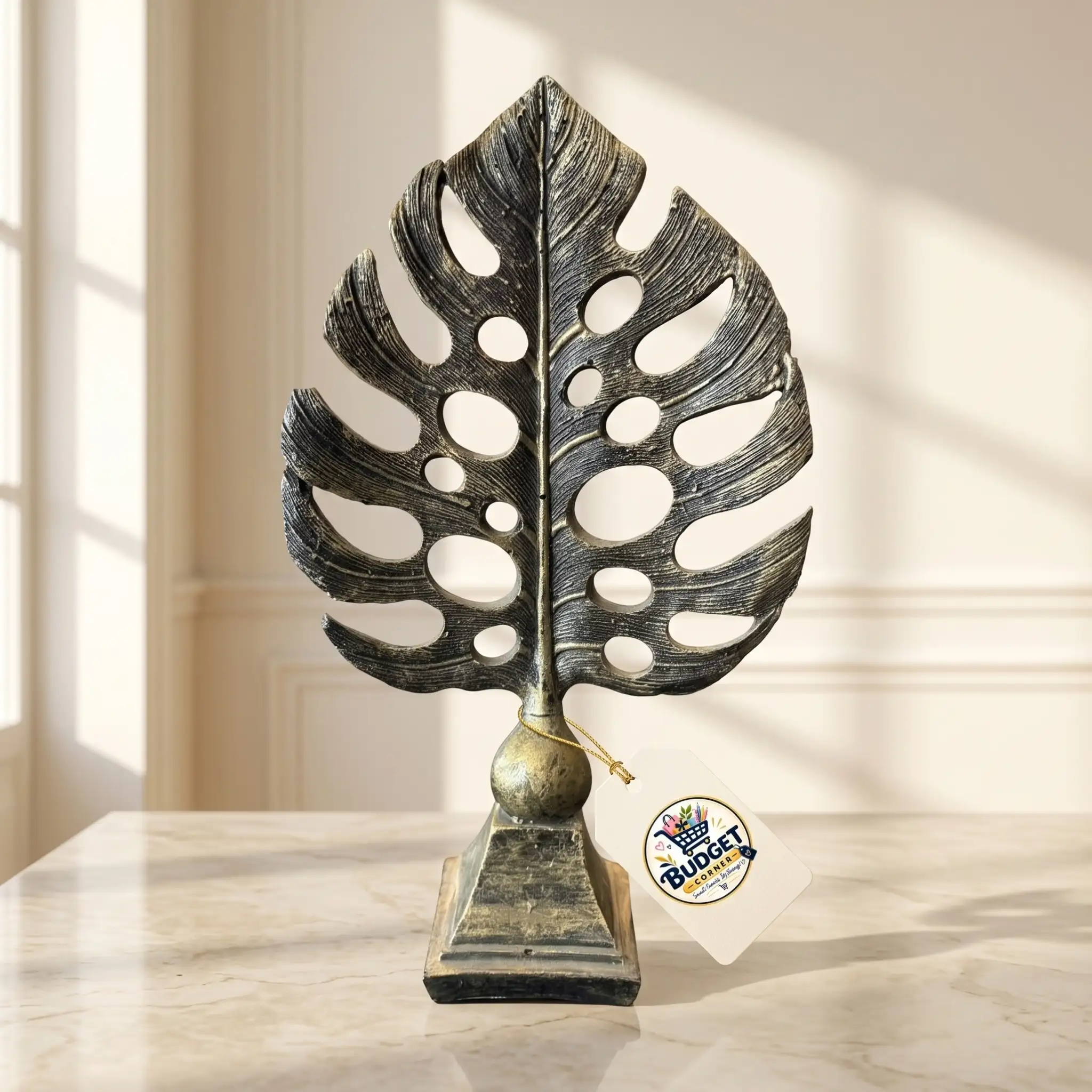 Tropical Monstera Deliciosa Botanical Leaf Sculpture on Stand - Front Angle Hero View