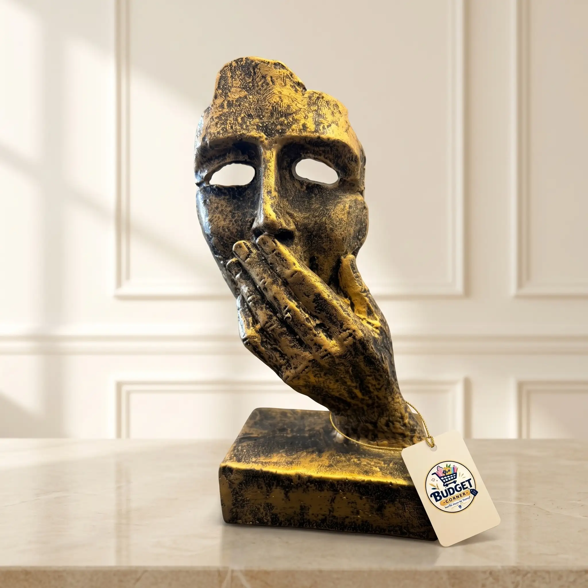 "Silence is Golden" Abstract Surrealist Face Sculpture - Front Angle Hero View
