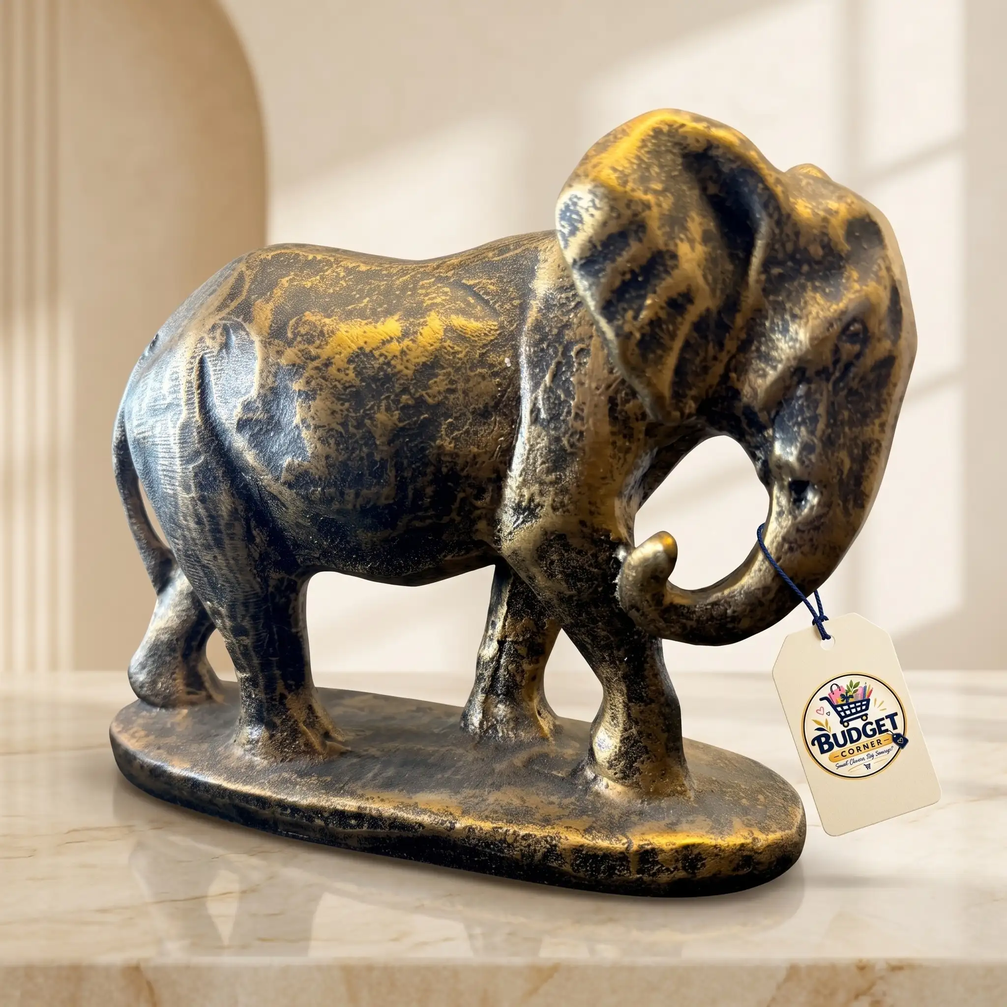 Auspicious Royal Walking Elephant Statue with Raised Trunk - Front Angle Hero View