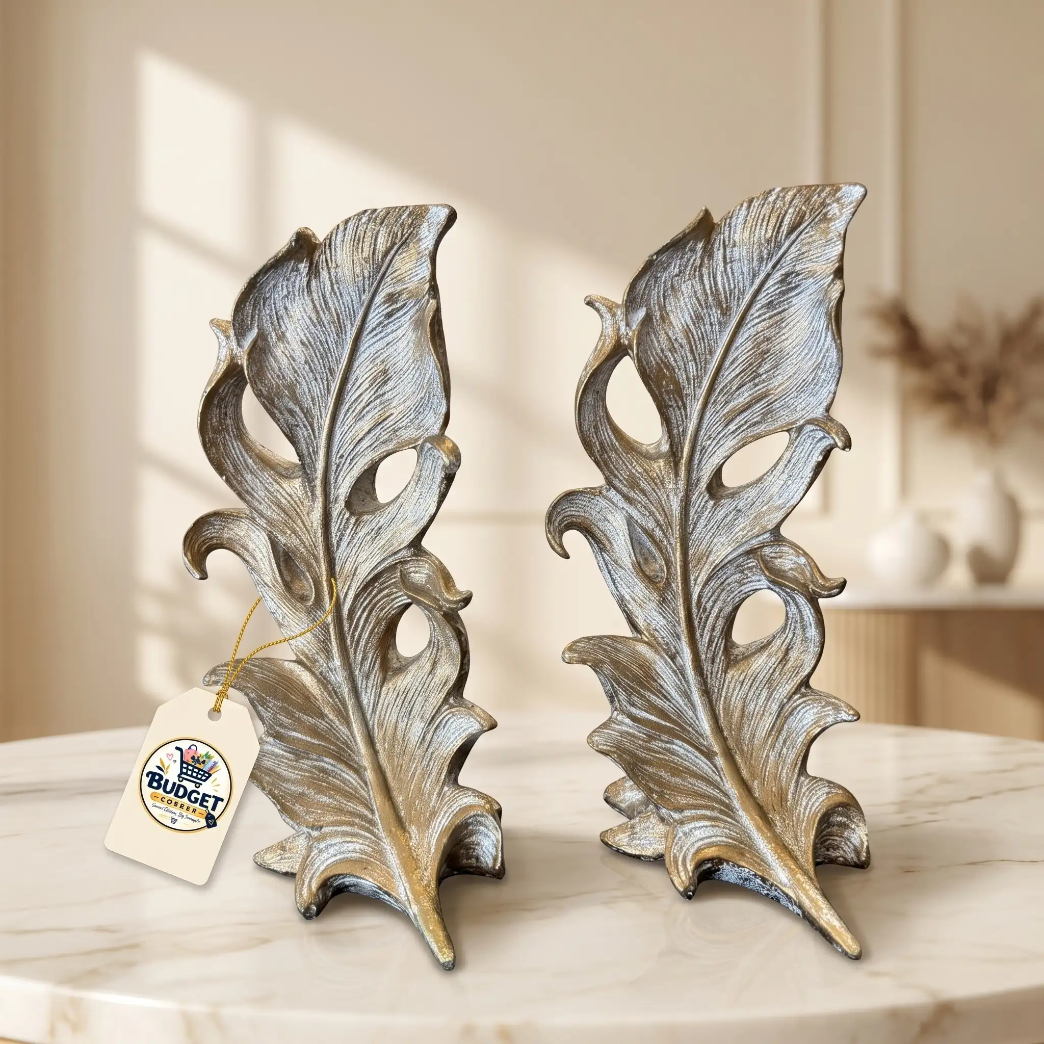 Baroque Acanthus Feather Decorative Sculptures (Pair / Bookends) - Front Angle Hero View