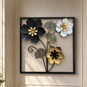 Metal flower wall art with black gold and white blooms in a square black frame