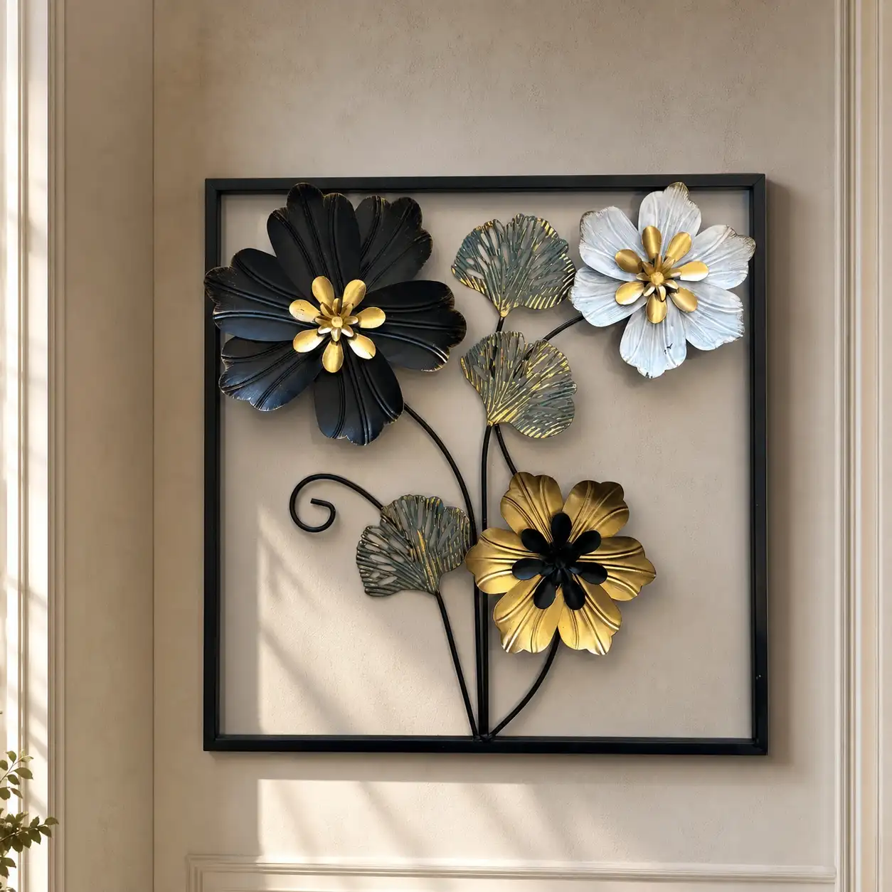 Metal flower wall art with black gold and white blooms in a square black frame
