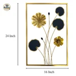 Product dimensions view of 24x16 inch gold flower and navy lily pad metal wall art