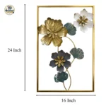 Product dimensions view of 24x16 inch gold blue white floral vine metal wall art