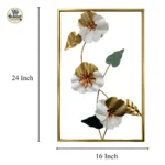 Product dimensions view of 24x16 inch white flowers rose gold centre metal wall art