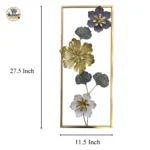 Product dimensions view of 27.5x11.5 inch blue gold white floral cascade tall metal wall art