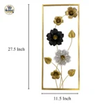 Product dimensions view of 27.5x11.5 inch gold black white cutout flowers tall metal wall art