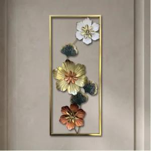 Tall metal wall art with white gold and copper flowers with ginkgo leaves in a gold frame