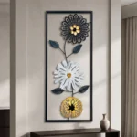 Tall metal wall art with mandala daisy and gold cutout flowers in a black frame