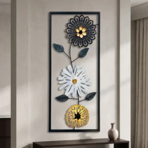 Tall metal wall art with mandala daisy and gold cutout flowers in a black frame
