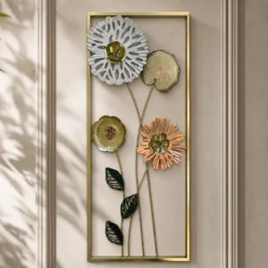 Tall metal wall art with mixed bloom flowers in white silver gold and copper in a gold frame
