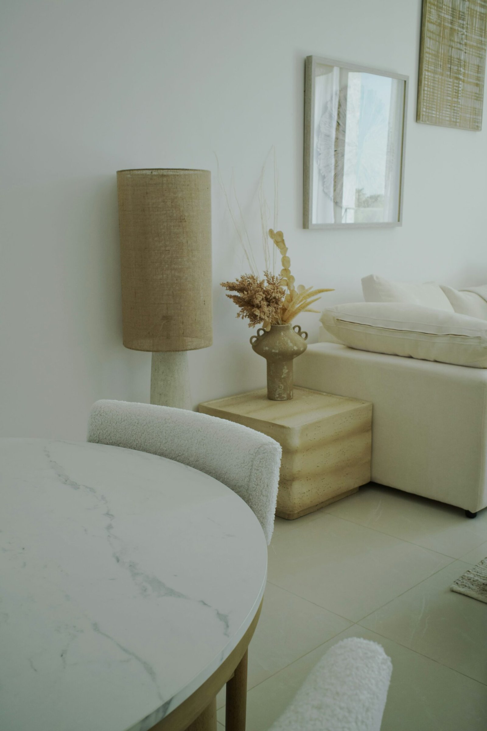 Modern neutral living room styled with contemporary home decor